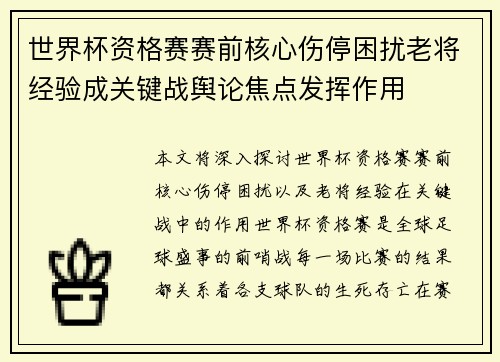世界杯资格赛赛前核心伤停困扰老将经验成关键战舆论焦点发挥作用